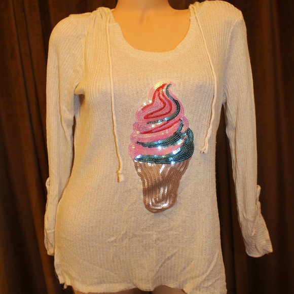 Sequin Thermal Drawstring Hi Lo Hoodie Sweater M - Picture 1 of 5